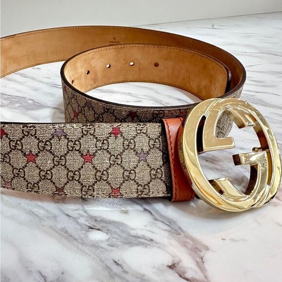Gucci Brown Patterned Belt with Gold Buckle - Picture 5 of 7